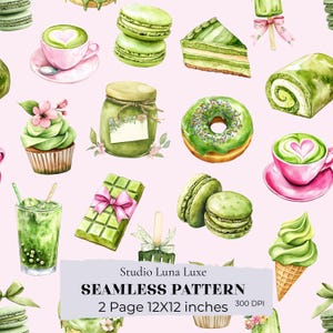 Könnte beinhalten: Ein nahtloses Muster mit Aquarellillustrationen von grünen Matcha-Leckereien, darunter Macarons, Cupcakes, Donuts, Kuchenstücke, Biskuitrollen, Schokoladentafeln und Getränke auf hellrosa Hintergrund mit dem Text Studio Luna Luxe.