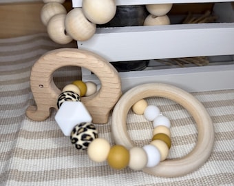 Montessori Rattle Toy, Wood Baby Toy, Sensory Toy, Silicone & Wood Sensory Toy, Baby Rattle, Noisemaker, Baby Ring Toy