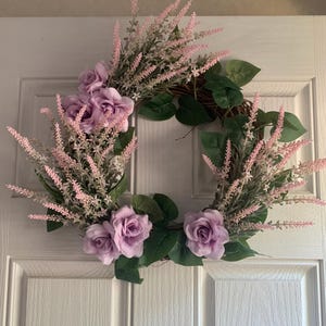Lavender Rose & Pink Floral Wreath | 18” Faux Spring Door Decor | Romantic Purple Wreath on 14” Wire Form | Pastel Front Door Charm