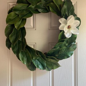 Magnolia Leaf Wreath with White Flower – 23” Faux Greenery Wreath on Twine Base – Southern Style Year-Round Door Decor – Handmade