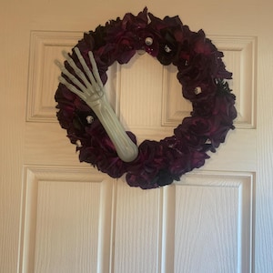 Halloween Wreath – 14” Purple & Black Rose Wreath with Skeleton Hand and Eyeballs, Gothic Spooky Front Door Décor, Haunted House Decoration