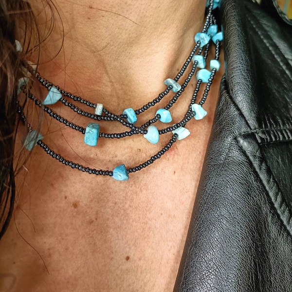 Collier long turquoise, Collier pierre turquoise, Collier super long, Collier perles de rocailles, Sautoir pierres, Collier femme, Cadeau