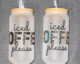 Iced Coffee Please | 16 oz Frosted Glass Can | Bamboo Lid | Glass Straw