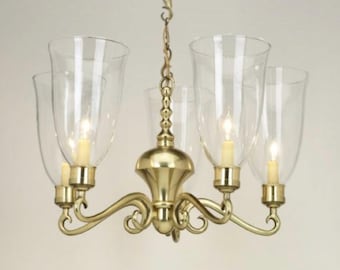 Ball and Ball Polished Brass Colonial American Reproduction Chandelier W/Hurricane Shades