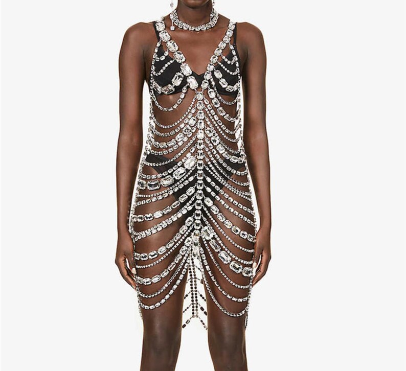 Luxury Long Fringed Body Chain Sexy Bikini Body Jewelry Rhinestone Body Chain Prom Dress 