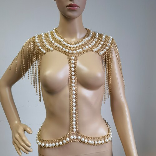 Tassel design pearl body chain, body chain harness jewelry, Christmas shops dress, carnival outfit