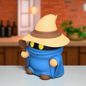 Könnte beinhalten: Eine Cartoon-Figur eines Magier-Charakters. Die Figur trägt einen hellgelben Hut mit braunem Band, eine blaue Robe und hält einen braunen Stab. Die Figur hat gelbe Augen und ein schwarzes Gesicht. Die Figur steht auf einer weißen Oberfläche.