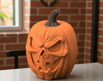 May include: An orange Halloween pumpkin with a carved, menacing face. The pumpkin has a textured surface and a dark brown stem. The design features deep eye sockets, a prominent nose, and a wide, toothy grin, perfect for seasonal decor.