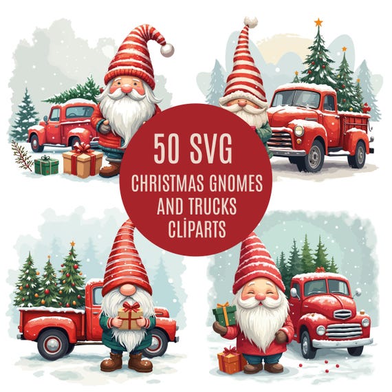 Christmas Gnome & Vintage Truck Clipart Bundle | Christmas Clipart | Festive Winter Gnome SVG Graphics for Sublimation | Digital Download