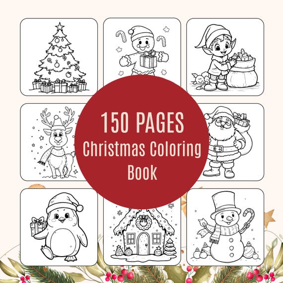 150 Christmas Coloring Book for Kids-Adults-Toddlers, Simple Holiday Page, Printable Christmas Bundle, Grayscale Sheet, Preschool-Homeschool
