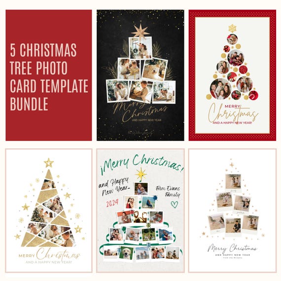 5 Christmas Tree Photo Card Template - Canva | DIY Holiday Photo Collage | Personalized Christmas Photo Card Design | Tree Photo Card Bundle