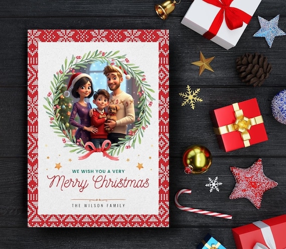 Custom Cartoon Christmas Card | Personalized Family Holiday Portrait | Digital Christmas Greeting Card  Custom Family Christmas Card
