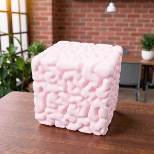 May include: A light pink, cube-shaped decorative object with a textured, brain-like surface. The object is sitting on a brown wooden table. The background includes a brick wall, a window, and some greenery.