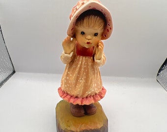 Signed Anri + Design Valentine Italy Woodcarving Whistling Young Girl In Bonnett