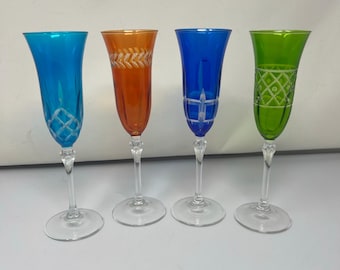 Vintage italienskt slipat etsat glas orange, turkos, blå, gröna flöjter
