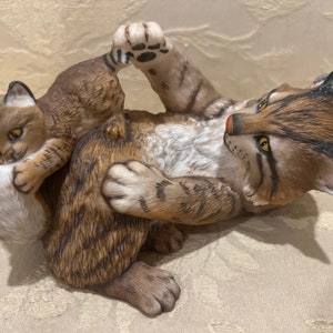 Vintage Lynx Figurine, Playful Morning, Mother & Baby, National Wildlife Federation, 1984 With a COA