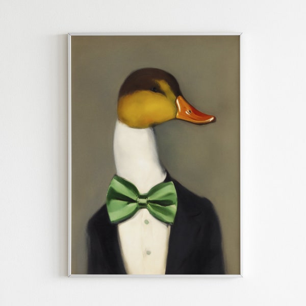 Bow Tie Animal, Cute Duck Art, Duck, Animal Painting, Duck Portrait, Kids Room Decor, Retro Art, Vintage Art