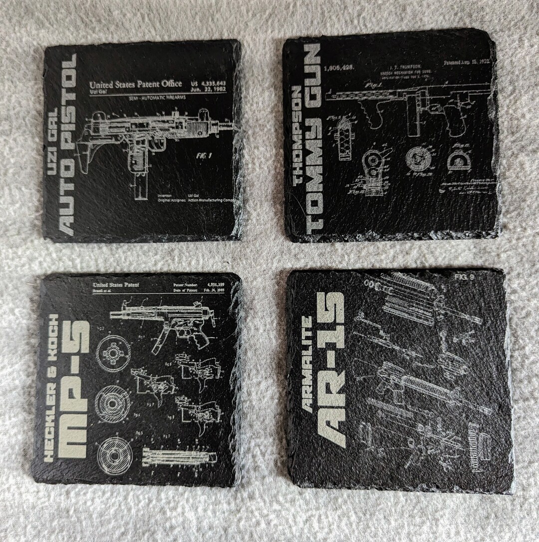 Laser Engraved Slate Sub Machine Gun Coasters, Firearms Coasters, Gun