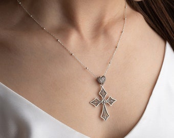 Christmas Cross Necklace, Xmas Silver Necklace, Cross Pendant, Ball Chain Necklace, Catholic Necklace, Christian Pendant, Religious Necklace