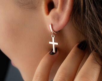 Christmas Cross Earrings, Xmas Gift Jewellery, Religious Gifts Earrings, Catholic Silver Jewelry, Xmas Dangle Earrings, Cross Hoop Earrings