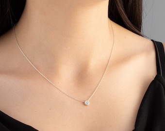 Round Diamond Necklace, Silver Minimalist Necklace, Christmas Gift Pendant, Cubic Zirconia Necklace, Bridal Necklace, CZ Wedding Pendant