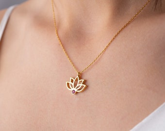 Birthstone Floral Necklace, Lotus Silver Necklace, Flower Birthstone Jewellery, Christmas Gift Necklace, Floral Pendant, Minimalist Necklace