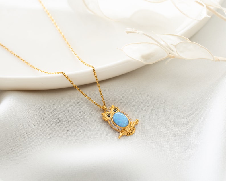 Owl Necklace, Blue Opal Necklace, Owl Gift, December Birthstone, Birthstone Necklace, Animal Necklace, Nature Necklace, Owl Lover Gift image 4