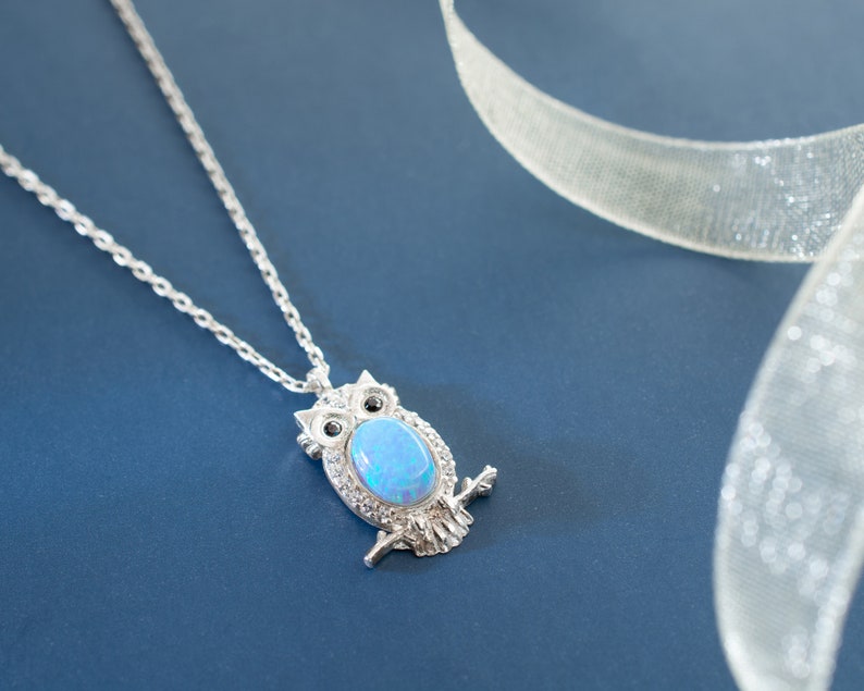 Owl Necklace, Blue Opal Necklace, Owl Gift, December Birthstone, Birthstone Necklace, Animal Necklace, Nature Necklace, Owl Lover Gift image 2