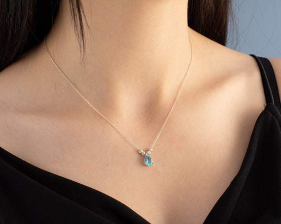 March Birthstone, Teardrop Necklace, Aquamarine Necklace, Cz