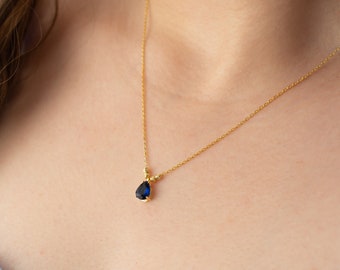 Necklace September Birthstone, Silver Teardrop Necklace, Navy Stone Necklace, September Birthday Gift, Birthday Necklace, Sapphire Necklace