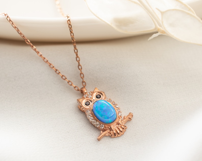 Owl Necklace, Blue Opal Necklace, Owl Gift, December Birthstone, Birthstone Necklace, Animal Necklace, Nature Necklace, Owl Lover Gift image 3