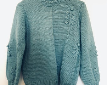 1990s Vintage Blue Popcorn Knit Wool Jumper| 90s Pompom Knitted Wool Jumper| 90s Vintage Knitwear | Vintage Wool Knit Jumper| Vintage Knit