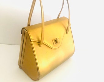 1970s Vintage Faigen Matte Gold Top Handle Box Purse | 70s Flap Bag Twist Lock Closure | Designer Vintage Purse | Top Handle Flap Purse |