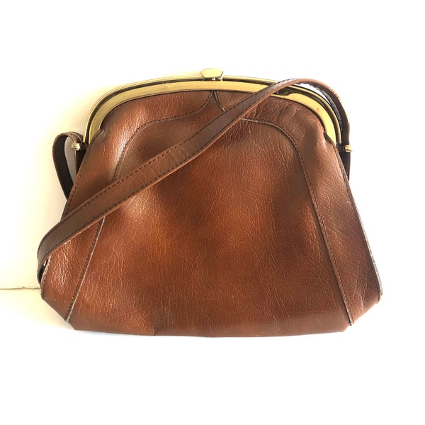 1950s Vintage Brown Leather Crossbody Purse | Midcentury Vintage Leather Crossbody Bag | Brown Leather Mod Purse with Cross Body Strap