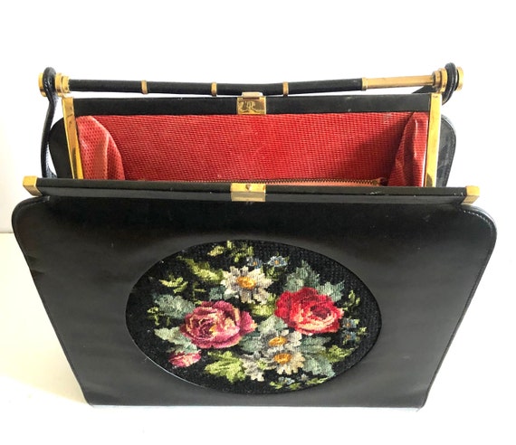 1950s Vintage Black Leather Frame Bag with Floral… - image 8