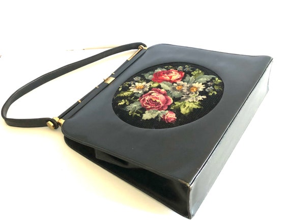1950s Vintage Black Leather Frame Bag with Floral… - image 1