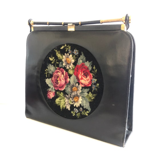 1950s Vintage Black Leather Frame Bag with Floral… - image 2