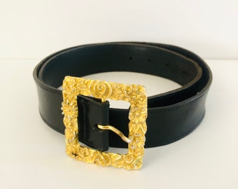 1990s Vintage Genuine Leather Belt with Gold Buckle | 90s Statement Belt with Gold Frame Buckle | Gold Floral Buckle | 90s Leather Belt