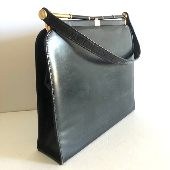 1950s Vintage Black Leather Frame Bag with Floral… - image 4