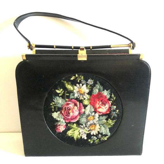 1950s Vintage Black Leather Frame Bag with Floral… - image 3
