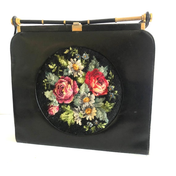 1950s Vintage Black Leather Frame Bag with Floral… - image 6