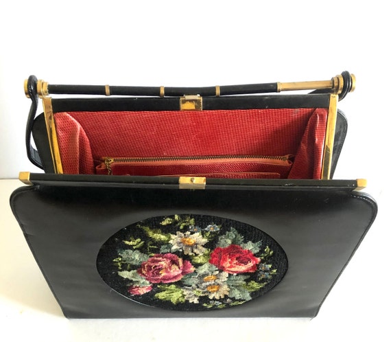 1950s Vintage Black Leather Frame Bag with Floral… - image 9