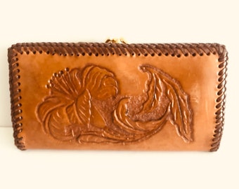 1970s Vintage Hand Tooled Leather Wallet | Boho Hand Tooled Leather Purse | Hand Carved Leather Accessories | Vintage Leather Wallet