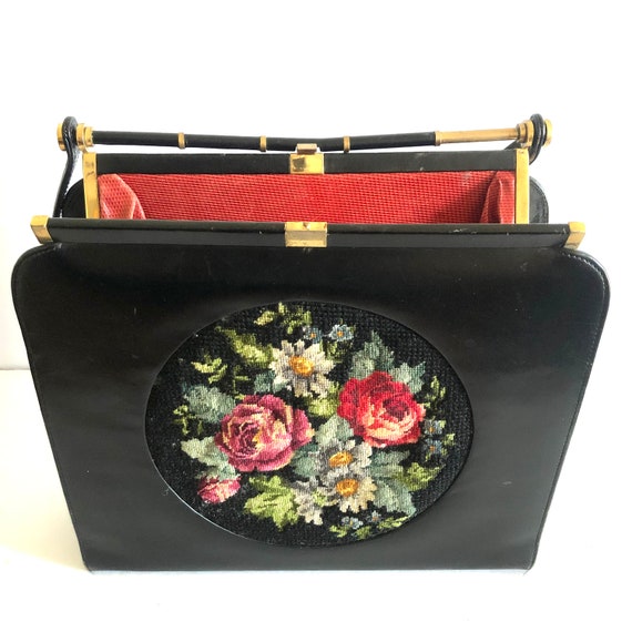 1950s Vintage Black Leather Frame Bag with Floral… - image 7
