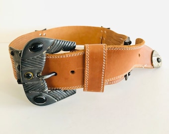 1980s Vintage Tan Leather Embellished Statement Belt | Wide Leather Belt | Jewelled Wide Leather Belt | Vintage Leather Belt | 80s Belt