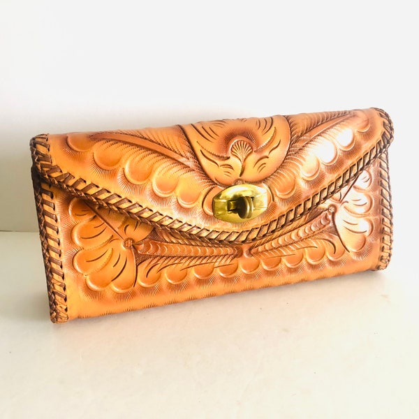 1970s Vintage Hand Tooled Leather Bag | 70s Vintage Handcrafted Leather Clutch | Vintage Hand Carved Leather Purse | Hand Tooled Leather Bag