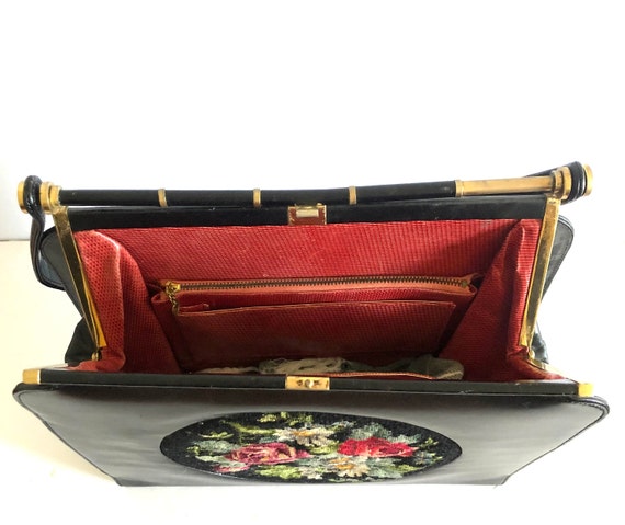 1950s Vintage Black Leather Frame Bag with Floral… - image 10