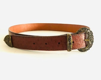 1990s Vintage Tan Leather Belt with Ornate Buckle | 90s Vintage Tan Leather Belt | Vintage Genuine Leather Statement Belt | 90s Vintage Belt