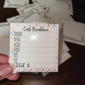 Cash Breakdown Teller Slip, Laminated Cash Card, Money Breakdown Card