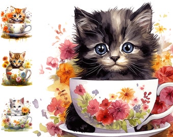 Watercolor Cute Kitten Clipart, Spring, Flower, Clip Art, Funny Cat, Bundle, Cat Illustrations, Crafting Material, Digital Paper, Printable